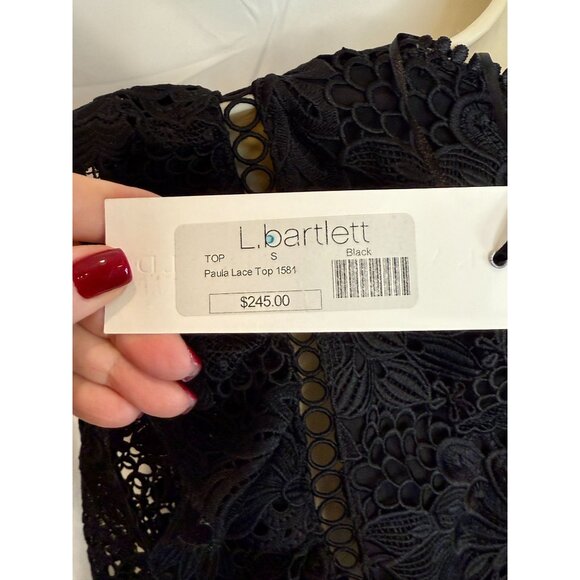 Karina Grimaldi Paula Black Lace Deep V Ruffle Long Sleeve Top NWT- Size S - Picture 4 of 7